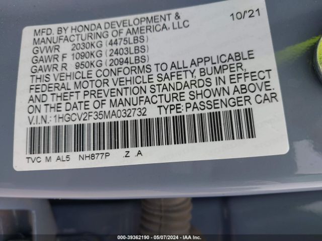 1HGCV2F35MA032732 Honda Accord Sport 2.0t
