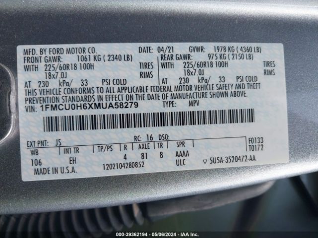 2021 FORD ESCAPE 1FMCU0H6XMUA58279 Photo 8