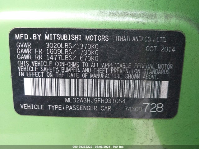 Mitsubishi Mirage De/rf 2015 ML32A3HJ9FH031054 Image 9