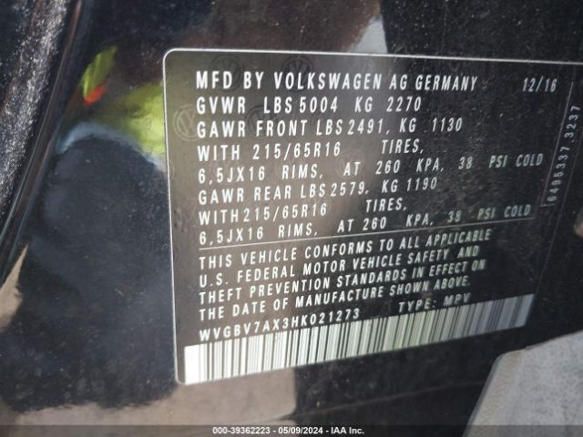 WVGBV7AX3HK021273 Volkswagen Tiguan 2.0t/2.0t S