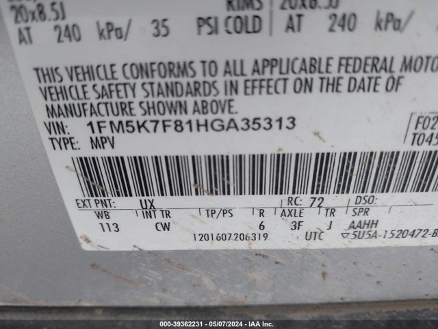 Ford Explorer Limited 2017 1FM5K7F81HGA35313 Image 9
