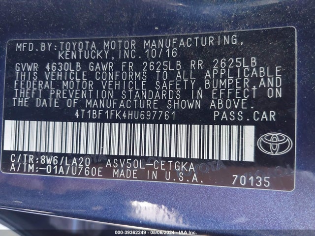Toyota CAMRY XLE 2017 4T1BF1FK4HU697761 Image 9