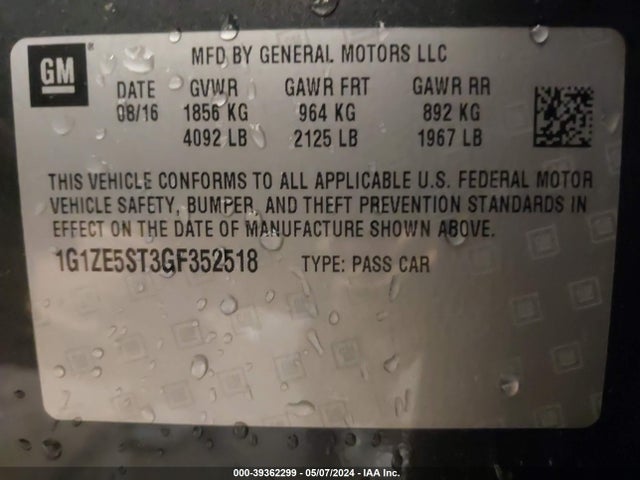 Chevrolet MALIBU 1LT 2016 1G1ZE5ST3GF352518 Image 9