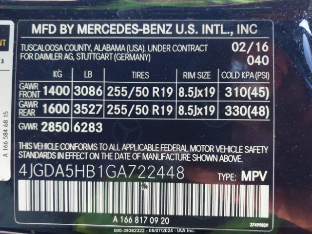 4JGDA5HB1GA722448 Mercedes-Benz Gle 350 4matic