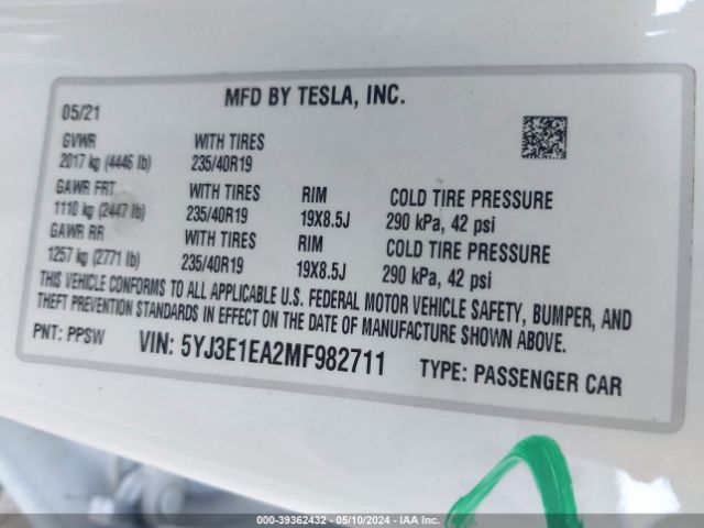 5YJ3E1EA2MF982711 Tesla Model 3 Standard Range Plus Rear-wheel Drive