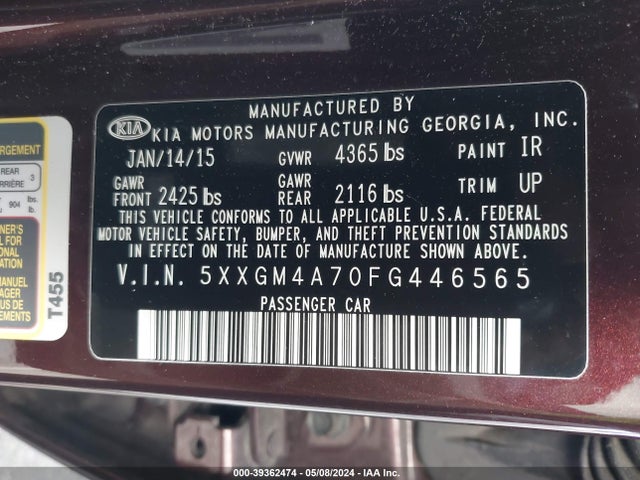 KIA Optima Lx 2015 5XXGM4A70FG446565 Image 9