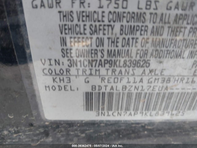 Nissan Versa 1.6 Sv 2019 3N1CN7AP9KL839625 Image 9
