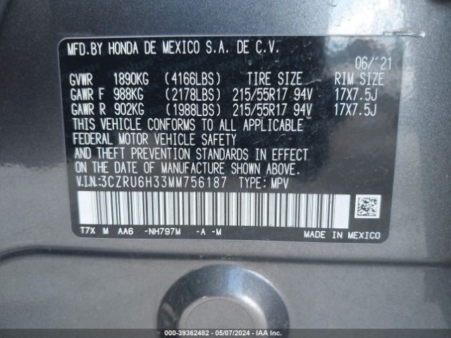 3CZRU6H33MM756187 Honda Hr-v Awd Lx