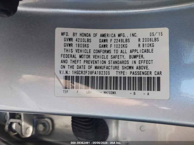 Honda ACCORD LX 2015 1HGCR2F38FA192305 Image 9