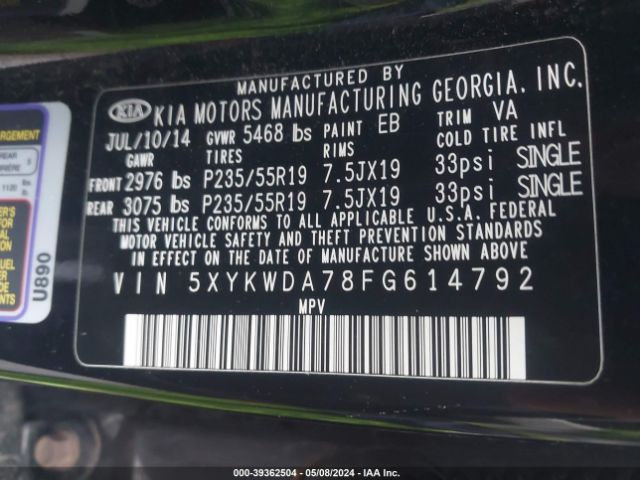 5XYKWDA78FG614792 KIA Sorento Limited V6