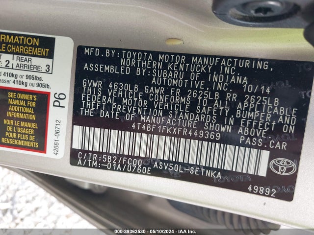 Toyota CAMRY LE 2015 4T4BF1FKXFR449369 Image 9
