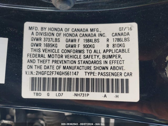 Honda CIVIC EX 2016 2HGFC2F74GH561147 Image 9