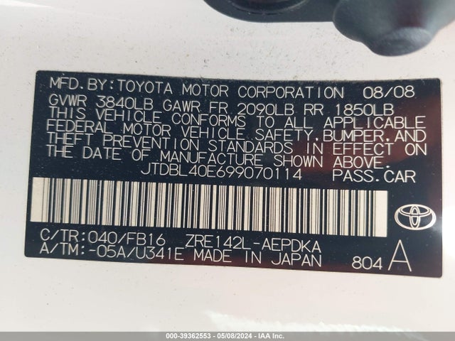 Aukcja sprzedaży 2009 Toyota Corolla Le, vin: JTDBL40E699070114, numer aukcji: 39362553