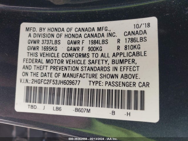 Honda Civic Lx 2018 2HGFC2F53JH609677 Image 9