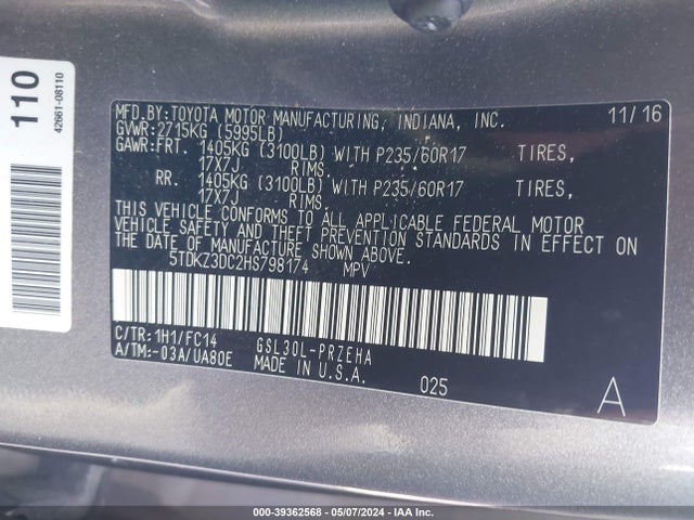 Toyota Sienna Le 8 Passenger 2017 5TDKZ3DC2HS798174 Image 9