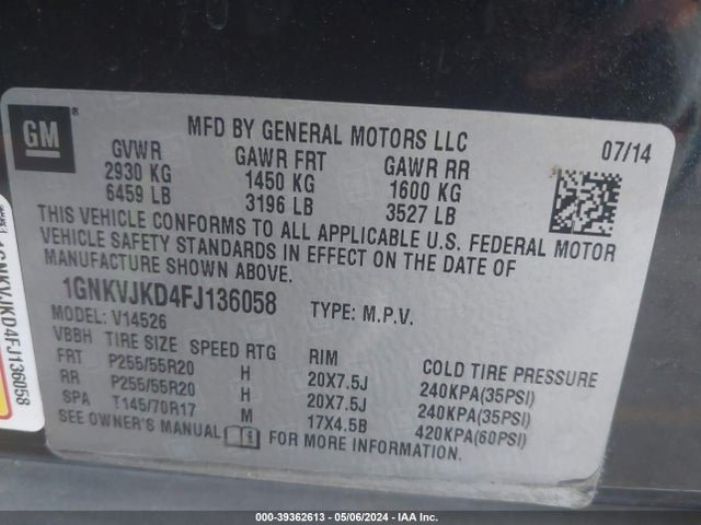 Chevrolet Traverse Ltz 2015 1GNKVJKD4FJ136058 Image 9