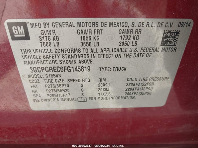 Chevrolet Silverado 1500 1lt 2015 3GCPCREC6FG145819 Image 9