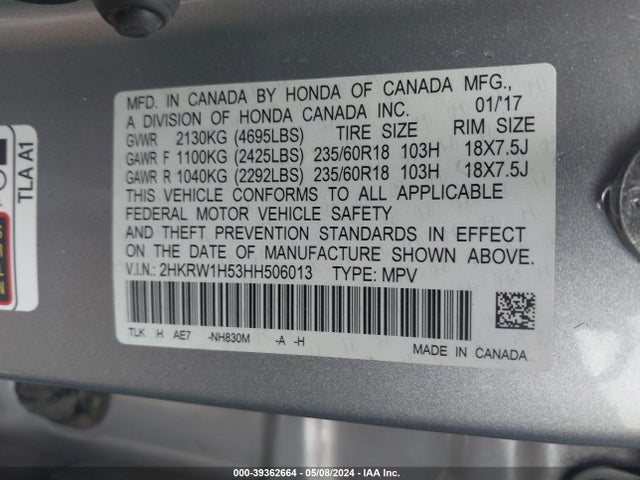 Honda CR-V EX 2017 2HKRW1H53HH506013 Image 9