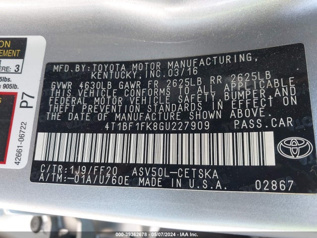 Toyota CAMRY SE 2016 4T1BF1FK8GU227909 Image 9