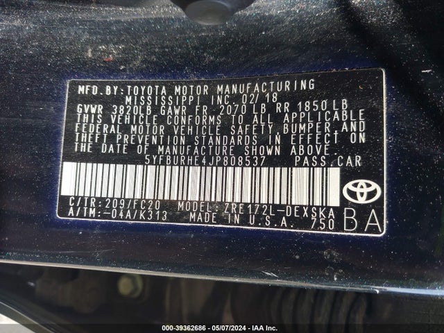 Toyota COROLLA SE 2018 5YFBURHE4JP808537 Image 9