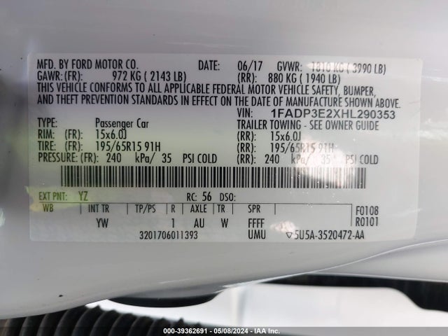 Ford FOCUS S 2017 1FADP3E2XHL290353 Image 9