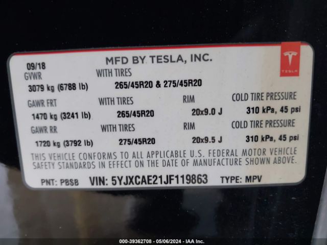 5YJXCAE21JF119863 Tesla Model X 100d/75d/p100d