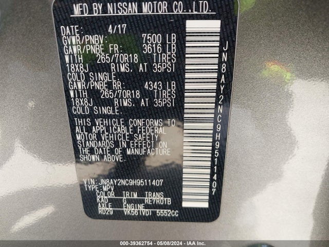 Nissan ARMADA SV 2017 JN8AY2NC9H9511407 Image 9