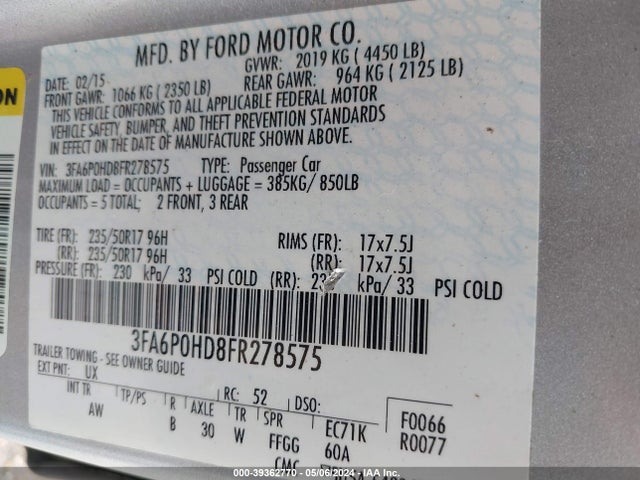 Ford FUSION SE 2015 3FA6P0HD8FR278575 Image 9