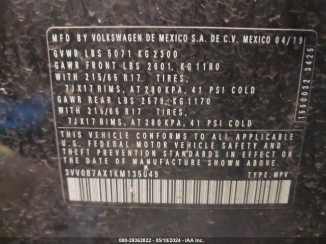 3VV0B7AX1KM135049 Volkswagen Tiguan 2.0t S
