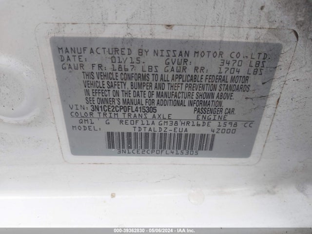 Nissan Versa Note S (sr)/s Plus/sl/sr/sv 2015 3N1CE2CP0FL415305 Image 9