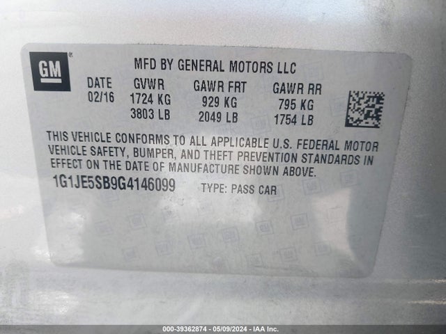 Chevrolet Sonic Ltz Auto 2016 1G1JE5SB9G4146099 Image 9