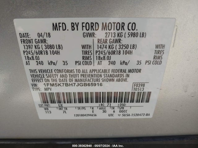 Ford Explorer 2018 1FM5K7BH7JGB65916 Image 9