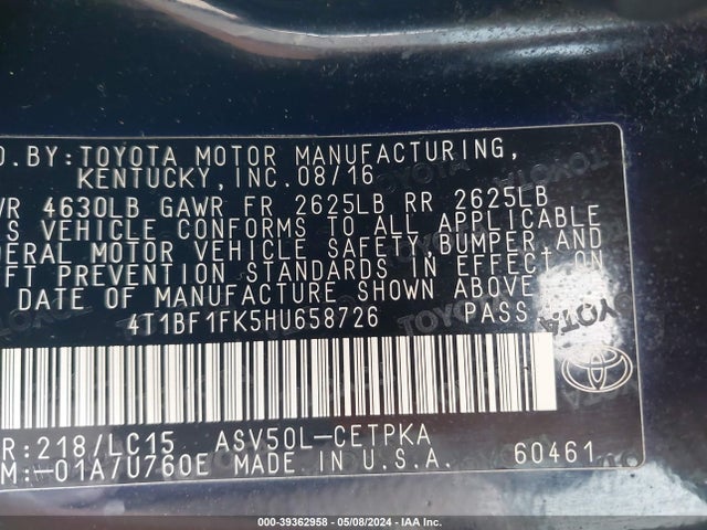 Toyota CAMRY XSE 2017 4T1BF1FK5HU658726 Image 9