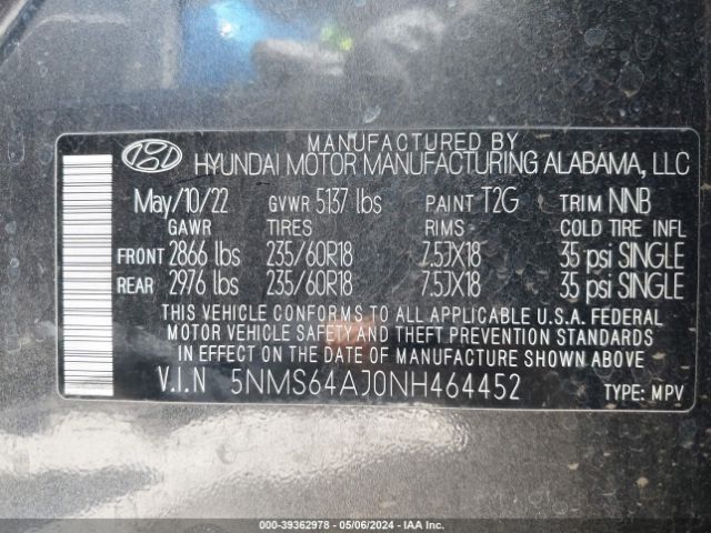 5NMS64AJ0NH464452 Hyundai Santa Fe Xrt