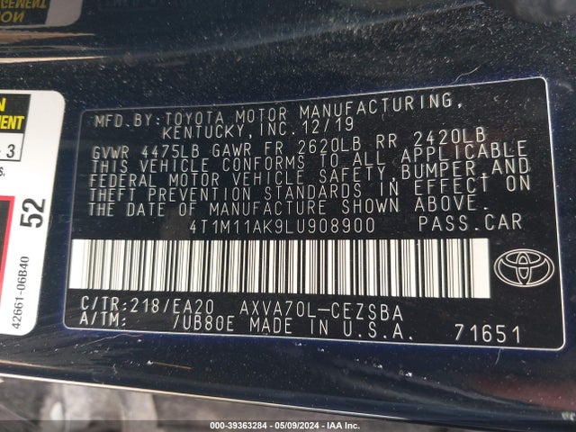 Toyota CAMRY SE 2020 4T1M11AK9LU908900 Image 9