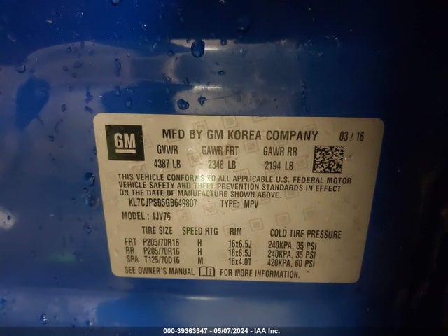 Chevrolet Trax Lt 2016 KL7CJPSB5GB649807 Image 9