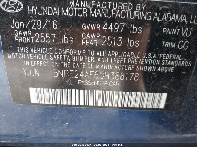 Hyundai SONATA SE 2016 5NPE24AF6GH388178 Image 9