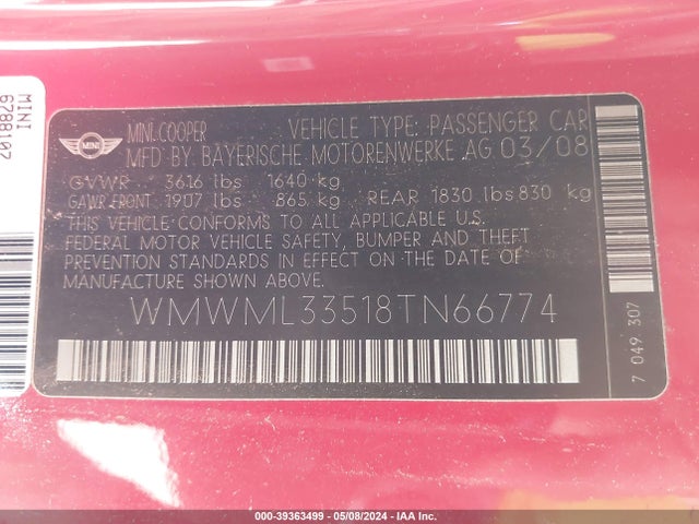 2008 MINI COOPER CLUBMAN WMWML33518TN66774 Photo 8