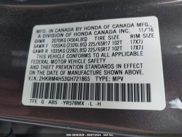 Honda CR-V EX 2016 2HKRM4H53GH721865 Image 9