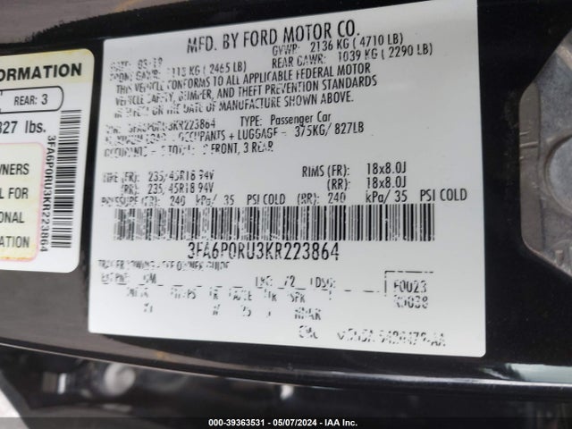 Продажа на аукционе авто 2019 Ford Fusion Hybrid Titanium, vin: 3FA6P0RU3KR223864, номер лота: 39363531