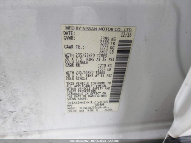 5N1AZ2MH2HN125436 Nissan Murano Platinum
