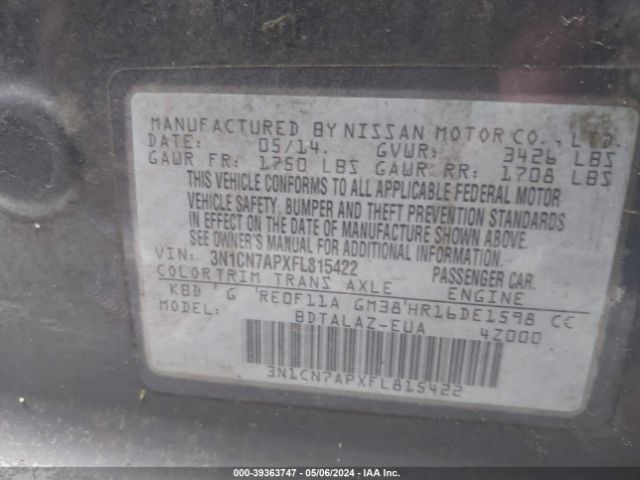 3N1CN7APXFL815422 Nissan Versa 1.6 S+