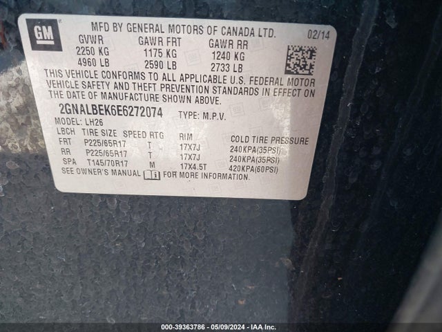 Chevrolet EQUINOX 1LT 2014 2GNALBEK6E6272074 Image 9