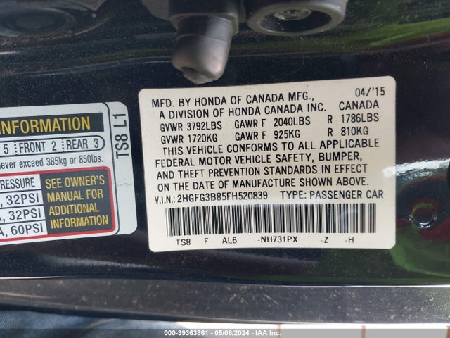 Honda CIVIC EX 2015 2HGFG3B85FH520839 Image 9