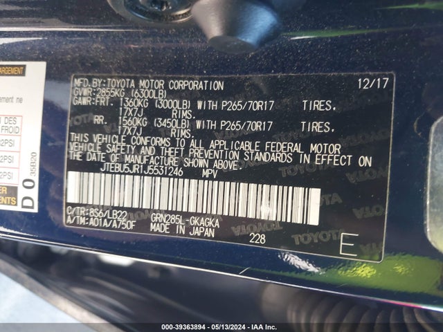 Toyota 4runner Sr5 Premium 2018 JTEBU5JR1J5531246 Image 9