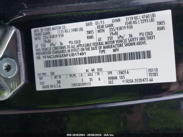 Ford ESCAPE SE 2015 1FMCU9GX6FUB17491 Image 9