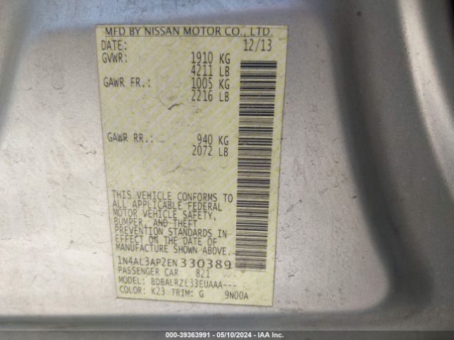 1N4AL3AP2EN330389 Nissan Altima 2.5/2.5 S/2.5 Sl/2.5 Sv