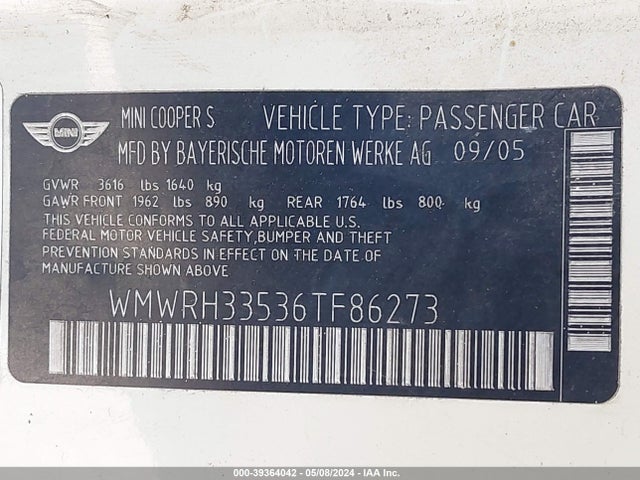 2006 MINI COOPER S WMWRH33536TF86273 Photo 8