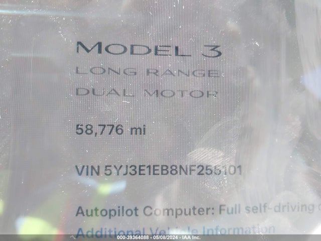 Tesla Model 3 Long Range Dual Motor All-wheel Drive 2022 5YJ3E1EB8NF255101 Image 15