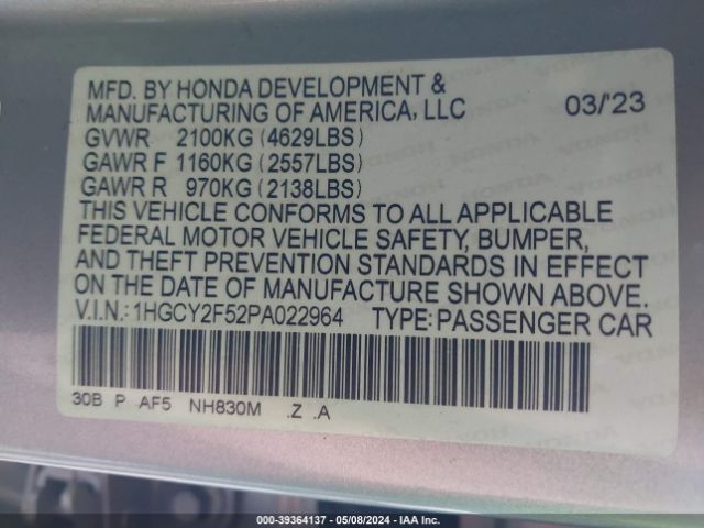 1HGCY2F52PA022964 Honda Accord Hybrid Sport